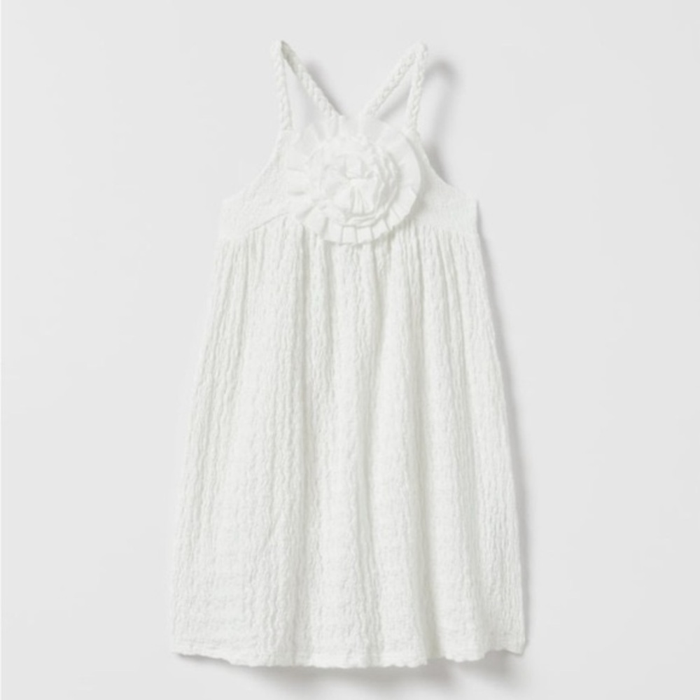 Zara Kids Girl Textured Floral Appliqué Dress - White - Picture 8 of 9